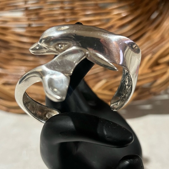 Vintage Taxco Mexico Sterling Silver Dolphin Cuff Bracelet – 925 Solid Silver - Picture 4 of 16